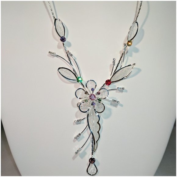 Flower Drop Necklace in Silver Tone with Earrings and Multi-Colored Stones - Picture 2 of 3